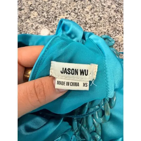 Stunning Jason Wu Turquoise Satin Halter Chain Midi Dress - Picture 5 of 10